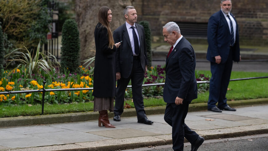 Israel's Prime Minister Benjamin Netanyahu arrives in Downing Street to meet Britain's Prime Minister Rishi Sunak, London, England, March 24, 2023.