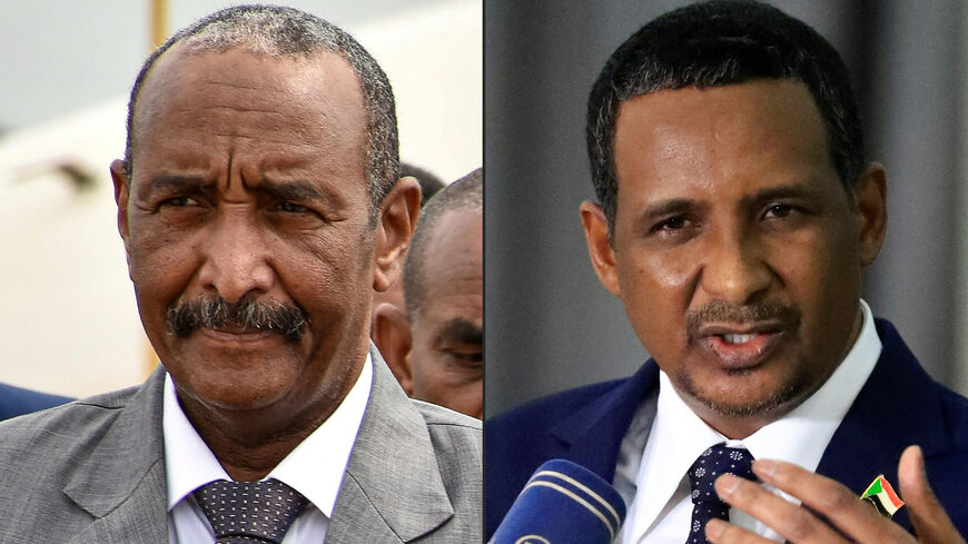 This combination of pictures created on April 18, 2023 shows Sudan's army chief, Lt. Gen. Abdel Fattah al-Burhan (L), in Juba on Oct. 14, 2019, and Mohamed Hamdan Dagalo (R), who commands the paramilitary Rapid Support Forces, addressing the media upon his return from Russia at Khartoum airport on March 2, 2022.