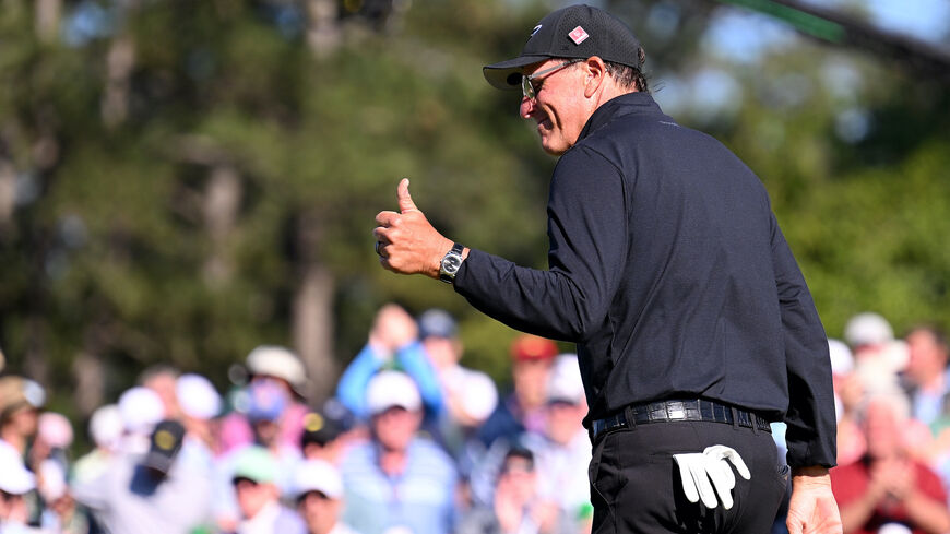 AUGUSTA, GEORGIA - APRIL 09: Phil Mickelson of the United States reacts to his birdie putt on the 18th green during the final round of the 2023 Masters Tournament at Augusta National Golf Club on April 9, 2023 in Augusta, Georgia. 