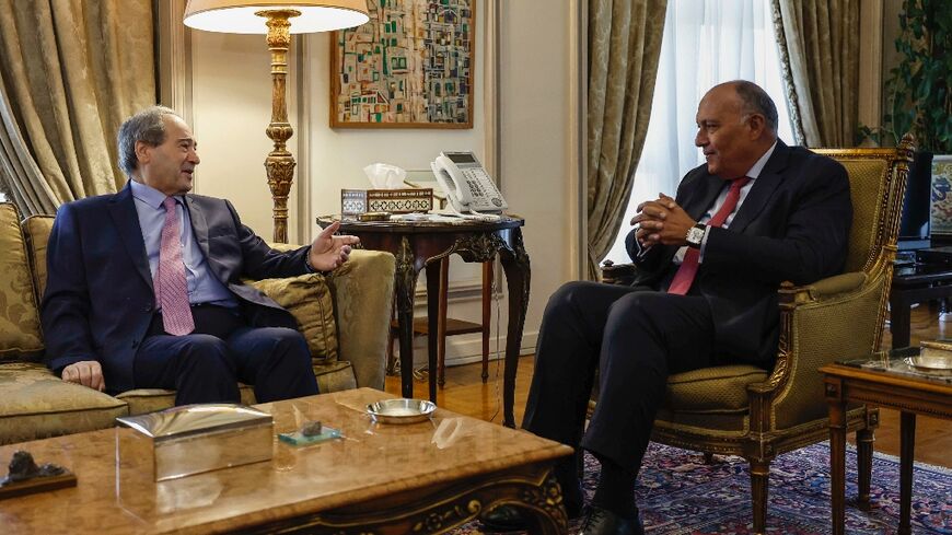 Egyptian Foreign Minister Sameh Shoukry meets with his Syrian counterpart Faisal Mekdad at the ministry headquarters in Cairo