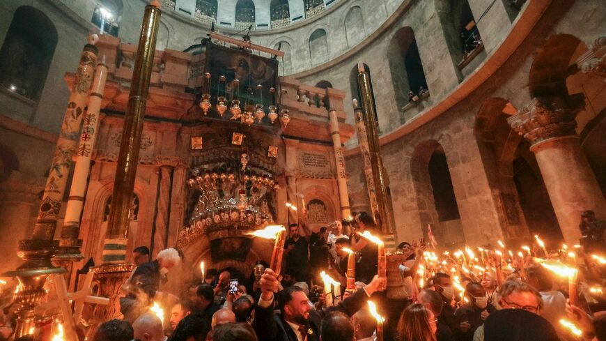 The annual Holy Fire ceremony marks the most important event in the Orthodox calendar and takes place on Easter Sunday in Jerusalem's Church of the Holy Sepulchre where Christians believe Jesus's tomb lies