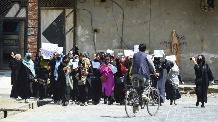 Afghan women protest in Kabul ahead of the UN meeting to oppose any moves to recognise the Taliban government