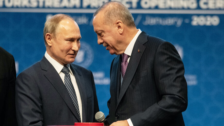 : Turkish President Recep Tayyip Erdogan and Russian President Vladimir Putin attend the opening ceremony of the Turkstream Gas Pipeline Project on January 08, 2020 in Istanbul, Turkey. The TurkStream project comprises two underwater gas lines, each with an annual capacity of 15.75 billion cubic meters. Gas will initially flow to Turkey, while a combination of existing and new pipelines will subsequently take supplies via Bulgaria to Serbia and then on to Hungary. Russia is building TurkStream and doubling 