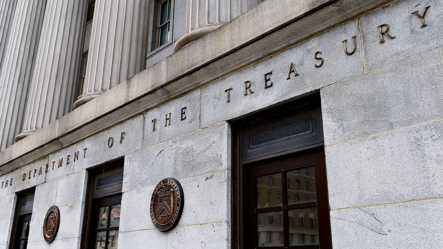 An exterior view of the building of US Department of the Treasury is seen on March 27, 2020 in Washington, DC. 