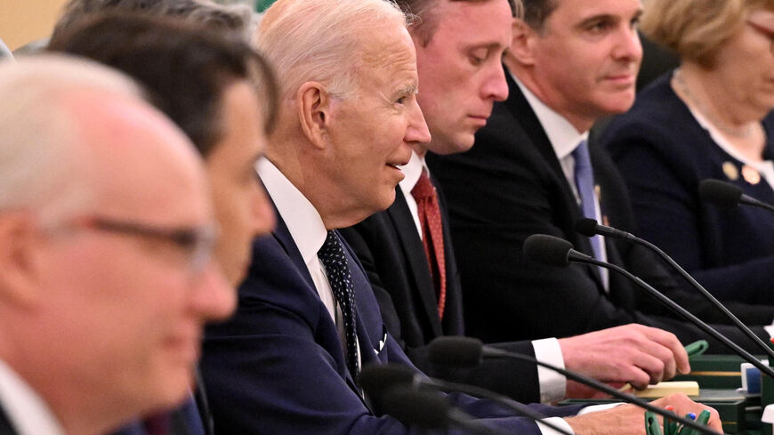 S President Joe Biden (3-L) takes part in a working session with the Saudi crown prince (not pictured) at the Al-Salam Royal Palace in the Saudi coastal city of Jeddah, on July 15, 2022. - US President Joe Biden landed in Saudi Arabia, sealing a retreat from his campaign pledge to turn the kingdom into a "pariah" over its human rights record (Photo by Mandel NGAN / AFP) (Photo by MANDEL NGAN/AFP via Getty Images)