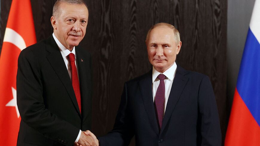 Russian President Vladimir Putin meets with Turkish President Recep Tayyip Erdogan on the sidelines of the Shanghai Cooperation Organisation (SCO) leaders' summit in Samarkand on September 16, 2022. (Photo by Alexandr Demyanchuk / SPUTNIK / AFP) (Photo by ALEXANDR DEMYANCHUK/SPUTNIK/AFP via Getty Images)