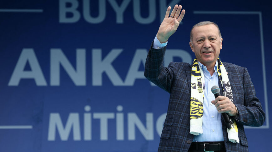 Turkish President and People's Alliance's presidential candidate Recep Tayyip Erdogan delivers a speech during an election campaign rally in Ankara, on April 30, 2023.