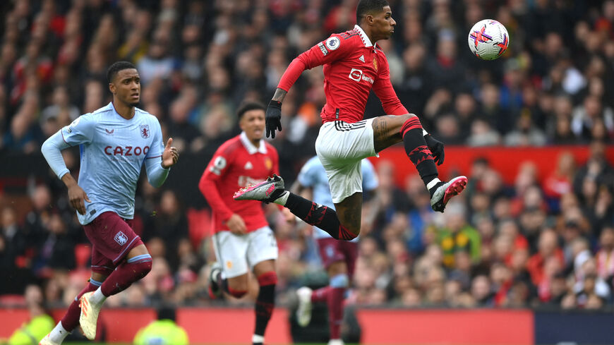 Marcus Rashford of Manchester United controls the ball during the Premier League match between Manchester United and Aston Villa at Old Trafford on April 30, 2023 in Manchester, England. (Photo by Shaun Botterill/Getty Images)