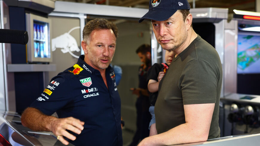 Red Bull Racing Team Principal Christian Horner talks with Elon Musk in the Paddock prior to final practice ahead of the F1 Grand Prix of Miami at Miami International Autodrome on May 06, 2023 in Miami, Florida. (Photo by Mark Thompson/Getty Images)