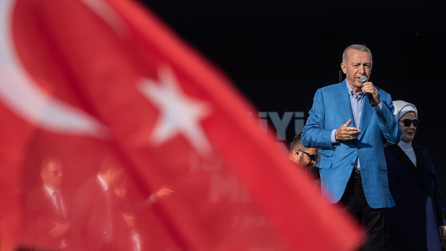 Turkey's President Recep Tayyip Erdogan speaks to supporters at a rally while campaigning for the presidential election on May 07, 2023 in Istanbul, Turkey. On May 14th, Turkey’s President Erdogan will face his biggest electoral test as voters head to the polls in the country’s general election. Erdogan has been in power for more than two decades, first as prime minister and then as president, but his popularity has taken a hit recently due to Turkey’s ongoing economic crisis and his government’s handling o