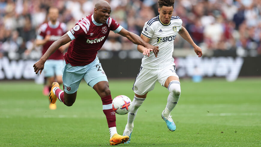 LONDON, ENGLAND - MAY 21: Angelo Ogbonna of West Ham United battles for possession with Rodrigo Moreno of Leeds United during the Premier League match between West Ham United and Leeds United at London Stadium on May 21, 2023 in London, England. (Photo by Julian Finney/Getty Images)