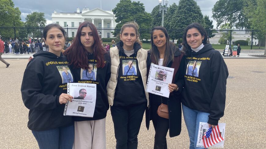 The Tahbaz and Shargi families demonstrating in front of the White House on May 3, 2023.