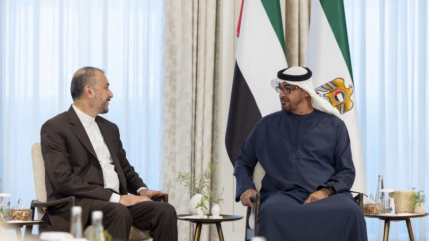 UAE President Sheikh Mohamed bin Zayed Al Nahyan (R) met today met with Iranian Foreign Minister Hossein Amir-Abdollahian (L) in Abu Dhabi, June 22, 2023.