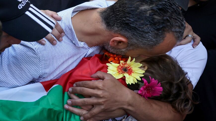 Palestinian mourners carry the body of three-year-old Mohammed Haitham al-Tamimi who was shot by Israeli forces in the occupied West Bank last week and died of his wounds on June 5, 2023