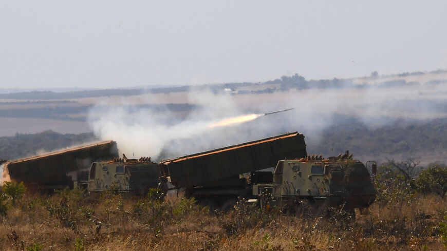 Astra II rocket launchers open fire during military exercises at the Formosa Instruction Center in the state of Goias, 100 km from Brasilia, on August 16, 2021. - The armed forces mobilized 2500 soldiers to participate in the operation Formosa Operational Demonstration. (Photo by EVARISTO SA / AFP) (Photo by EVARISTO SA/AFP via Getty Images)
