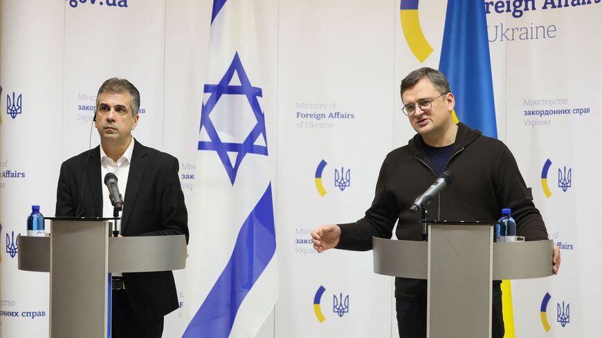Ukrainian Foreign Minister Dmytro Kuleba (R) and Israeli Foreign Minister Eli Cohen give a press conference in Kyiv, on February 16, 2023. - Eli Cohen arrived in Kyiv on February 16 for the first visit to Ukraine by an Israeli minister since the Russian invasion nearly a year ago, his office said. He was due to meet President Volodymyr Zelensky. (Photo by GLEB GARANICH / POOL / AFP) (Photo by GLEB GARANICH/POOL/AFP via Getty Images)