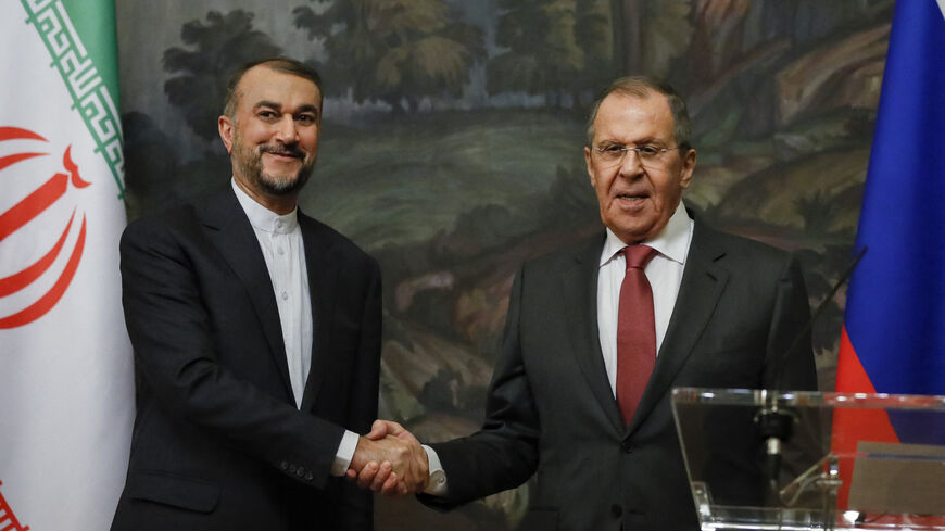 Russian Foreign Minister Sergei Lavrov and his Iranian counterpart Hossein Amir-Abdoulahian hold a joint press conference following their talks in Moscow on March 29, 2023. 