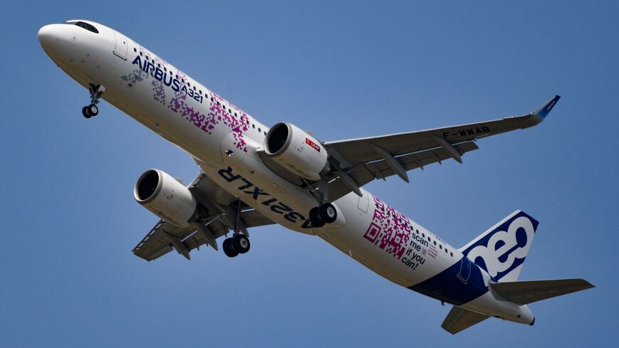 This photograph taken on June 21, 2023, shows an Airbus A321 XLR airplane.
