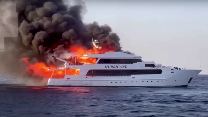 A screen capture of a video showing the boat fire off the coast of Marsa Alam, Egypt, June 11, 2023.
