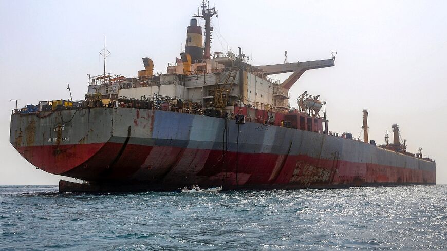 The FSO Safer oil tanker is pictured in the Red Sea off Yemen's contested western province of Hodeida during operations to remove more than a million barrels of oil
