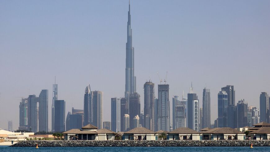 This picture taken from the sea of Dubai on March 3, 2021 shows the skyline of the Gulf emirate with Burj Khalifa in the centre.