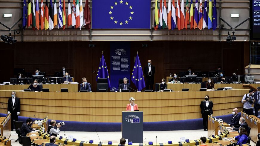 President of the European Commission Ursula von der Leyen delivers a speech.