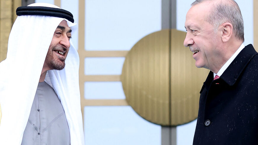 Turkish President Recep Tayyip Erdogan (R) welcomes Abu Dhabi's Crown Prince Sheikh Mohammed bin Zayed Al Nahyan (R) during an official ceremony at the Presidential Complex in Ankara, on November 24, 2021. (Photo by Adem ALTAN / AFP) (Photo by ADEM ALTAN/AFP via Getty Images)