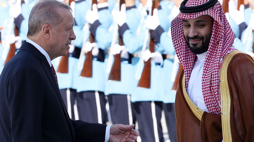 Turkey's President Recep Tayyip Erdogan (L) welcomes Crown Prince of Saudi Arabia Mohammed bin Salman (R) during an official ceremony at the Presidential Complex in Ankara, on June 22, 2022. Saudi Arabia's de facto ruler took a big step out of international isolation on June 22, 2022, paying his first visit to Sunni rival Turkey since the 2018 murder of journalist Jamal Khashoggi in the kingdom's Istanbul consulate. (Photo by Adem ALTAN / AFP) (Photo by ADEM ALTAN/AFP via Getty Images)