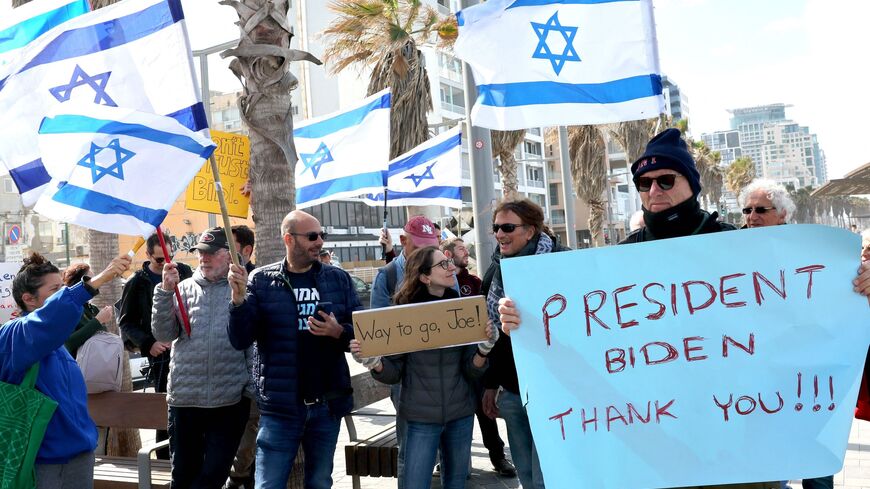 People demonstrate outside the US Embassy in Tel Aviv.