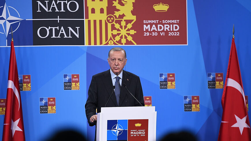 MADRID, SPAIN - JUNE 30: Recep Tayyip Erdogan, Turkish President holds his press conference at the NATO Summit on June 30, 2022 in Madrid, Spain. During the summit in Madrid, on June 30 NATO leaders will make the historic decision whether to increase the number of high-readiness troops above 300,000 to face the Russian threat. (Photo by Denis Doyle/Getty Images)