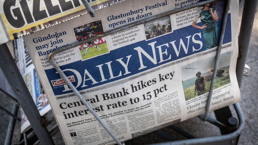 The front page of the Hurriet Daily news displays a headline of yesterdays interest rate hike at a news stand on June 23, 2023 in Istanbul, Turkey. The Turkish Lira weakened to a record low of 25.74 against the dollar, a day after the central bank hiked interest rates from 8.5 percent to 15 percent in the first rate decision since the appointment of new central bank governor Hafize Gaye Erkan and the re-election of President Recep Tayyip Erdogan last month. (Photo by Chris McGrath/Getty Images)
