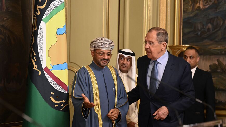 Russian Foreign Minister Sergei Lavrov (2R), Oman's Foreign Minister Sayyid Badr bin Hamad bin Hamood Albusaidi (L) and the Gulf Cooperation Council (GCC) Secretary General Jasem Mohamed AlBudaiwi (2L) arrive for a joint press conference following a meeting of Sergei Lavrov with his counterparts of the GCC member states in Moscow on July 10, 2023. (Photo by NATALIA KOLESNIKOVA / POOL / AFP) (Photo by NATALIA KOLESNIKOVA/POOL/AFP via Getty Images)