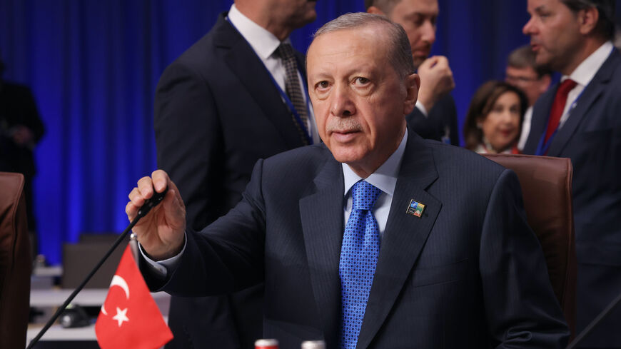 Turkish President Recep Tayyip Erdogan attends the opening high-level session of the 2023 NATO Summit on July 11, 2023 in Vilnius, Lithuania. 