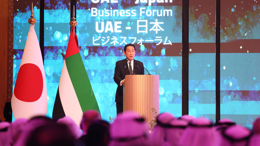 Japan's Prime Minister Fumio Kishida speaks during the UAE - Japan Business Forum in Abu Dhabi on July 17, 2023. (Photo by KARIM SAHIB / AFP) (Photo by KARIM SAHIB/AFP via Getty Images)