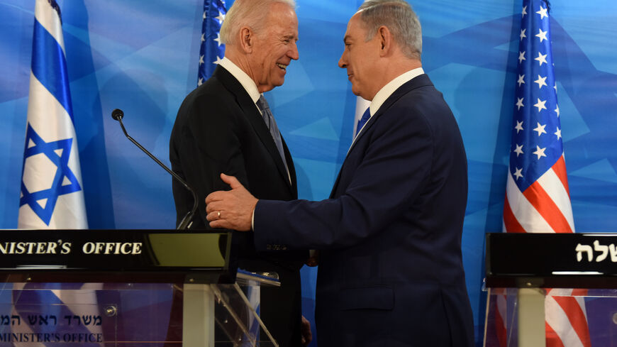 US Vice President Joe Biden and Israeli Prime Minister Benjamin Netanyahu shake hands while giving joint statements at the prime minister's office in Jerusalem on March 9, 2016. Biden implicitly criticised Palestinian leaders for not condemning attacks against Israelis, as an upsurge in violence marred his visit. / AFP / POOL / DEBBIE HILL (Photo credit should read DEBBIE HILL/AFP via Getty Images)