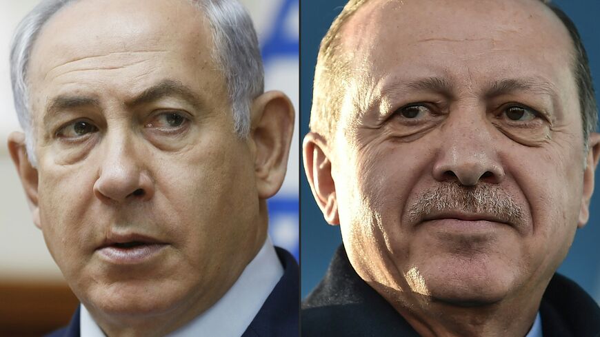 This combination of pictures created on April 1, 2018 shows a file photo taken on November 19, 2017 of Israel's Prime Minister Benjamin Netanyahu (L) attending the weekly cabinet meeting in Jerusalem and a file photo taken on December 15, 2017 of Turkish President Recep Tayyip Erdogan during the inauguration ceremony of Turkey's first automated urban metro line on the Asian side of Istanbul. Turkish President Recep Tayyip Erdogan accused Benjamin Netanyahu on April 1, 2018 of being "a terrorist" after the I