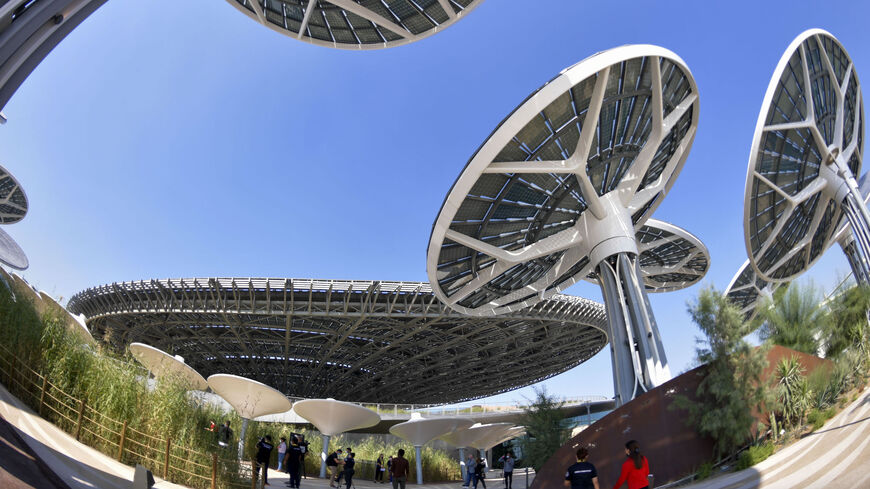 Solar panels used to generate renewable energy at the Sustainability Pavilion during a media tour at the Dubai Expo 2020, a week ahead of its public opening, in the United Arab Emirates.