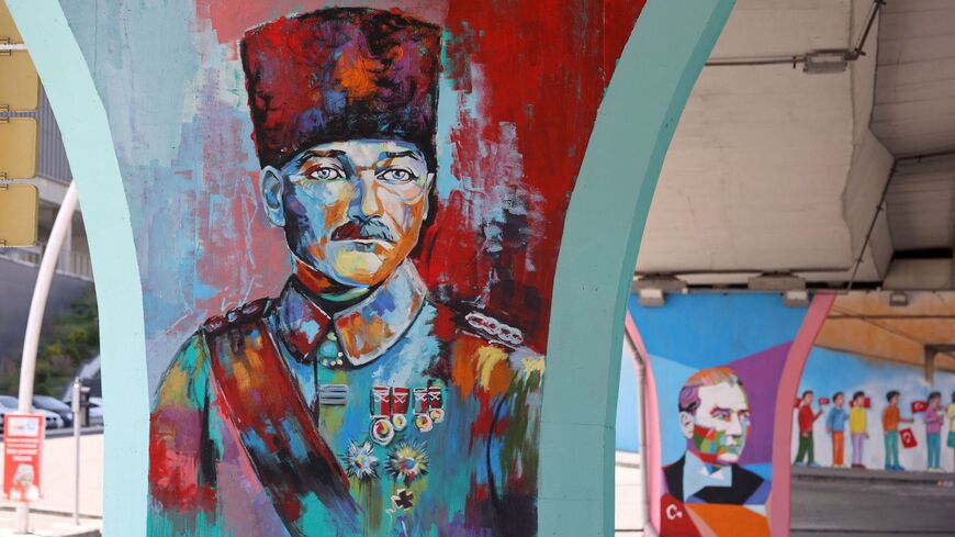 This photograph shows paintings by Ankara Metropolitan Municipality's artists bearing Mustafa Kemal Ataturk.