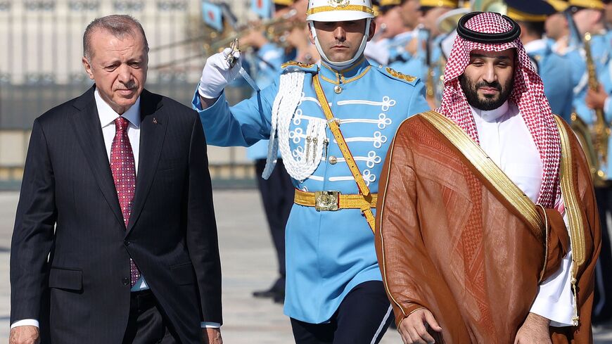 Turkey's President Recep Tayyip Erdogan (L) reviews the honour guard as he welcomes Crown Prince of Saudi Arabia Mohammed bin Salman (R) during an official ceremony at the Presidential Complex in Ankara, on June 22, 2022. - Saudi Arabia's de facto ruler took a big step out of international isolation on June 22, 2022, paying his first visit to Sunni rival Turkey since the 2018 murder of journalist Jamal Khashoggi in the kingdom's Istanbul consulate. (Photo by Adem ALTAN / AFP) (Photo by ADEM ALTAN/AFP via Ge