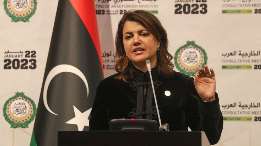 Libyan Foreign Affairs Minister Najla Mangoush holds a press conference at the end of the Arab foreign ministers meeting in the capital Tripoli, on Jan. 22, 2023.