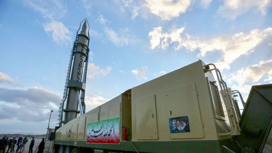 An Iranian long-range Ghadr missile displaying "Down with Israel" in Hebrew at a defense exhibition in Isfahan, February 8, 2023. 
