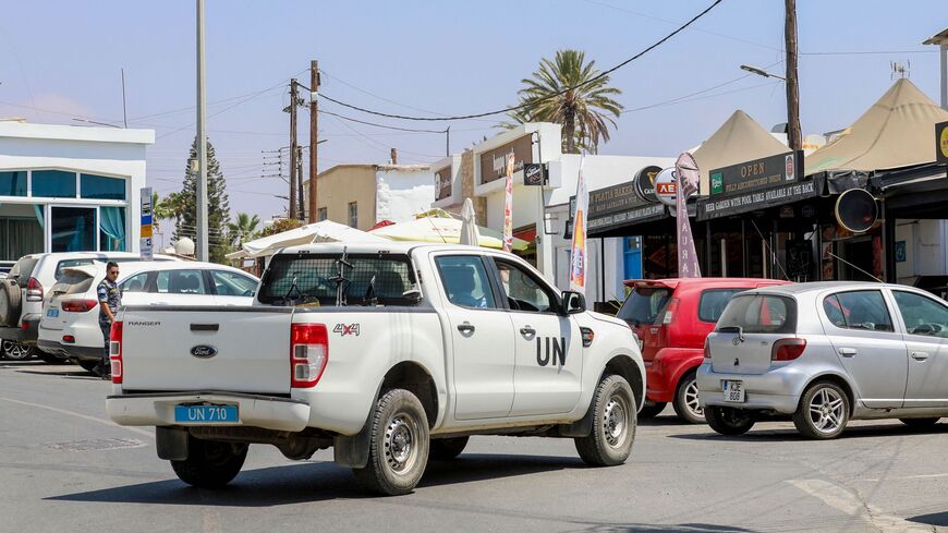 A UN vehicle parks in Pyla village, which lies between the internationally recognised Republic of Cyprus and the Turkish-occupied north, on Aug. 20, 2023. 