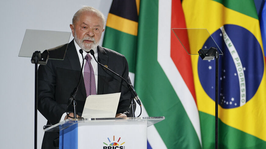 President of Brazil Luiz Inacio Lula da Silva speaks during the 2023 BRICS Summit at the Sandton Convention Centre in Johannesburg on August 22, 2023. (Photo by GIANLUIGI GUERCIA / AFP) (Photo by GIANLUIGI GUERCIA/AFP via Getty Images)