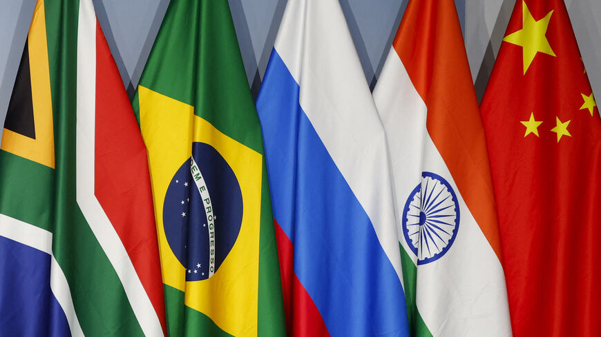 Flags of (L to R) South Africa, Brazil, Russia, India and China during the 2023 BRICS Summit at the Sandton Convention Centre, Johannesburg, August 24, 2023.