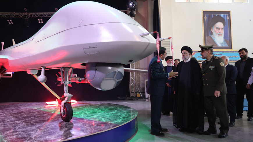 President Ebrahim Raisi, second right, at a ceremony to unveil the Mohajer-10 drone, Aug. 22, 2023.