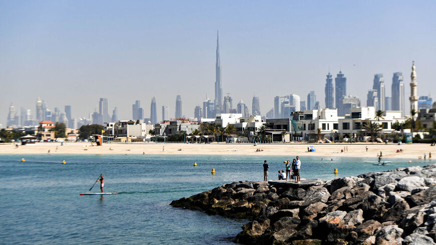 La Mer North marina is seen with the Burj Khalifa and the Dubai skyline seen in the background, United Arab Emirates, Feb. 1, 2020.