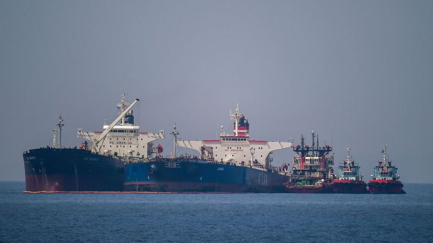 One tanker transfers Iranian crude oil from another tanker off the shore of Karystos, Greece, for its transport to the United States at the request of the US judiciary, May 29, 2022.
