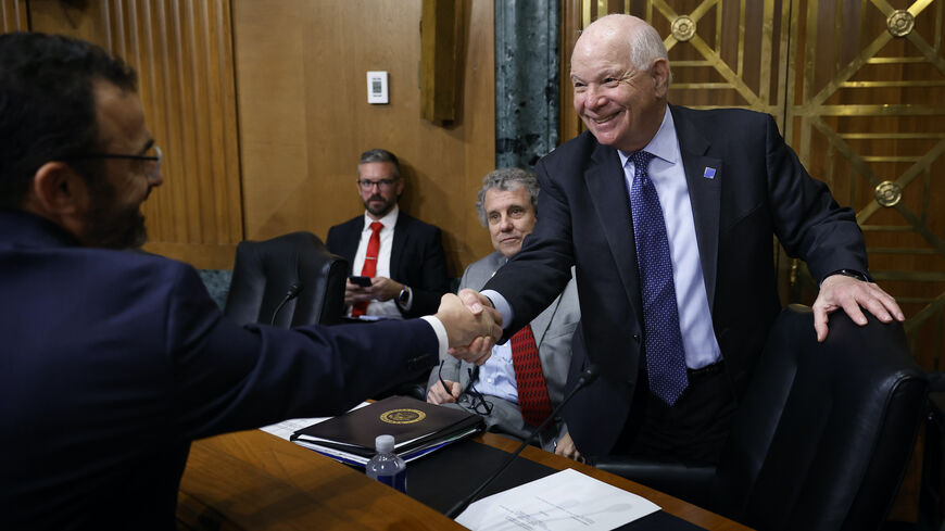 WASHINGTON, DC - APRIL 19: Internal Revenue Service Commissioner Daniel Werfel (L) greets Senate Finance Committee members Sen. Ben Cardin (D-MD) (R) and Sen. Sherrod Brown (D-OH) before a hearing about the Biden Administration's proposed budget request for FY2024 and the 2023 tax filing season in the Dirksen Senate Office Building on Capitol Hill on April 19, 2023 in Washington, DC. Confirmed by the Senate in March of this year, Werfel is tasked with overseeing the IRS's $80 billion overhaul to modernize i