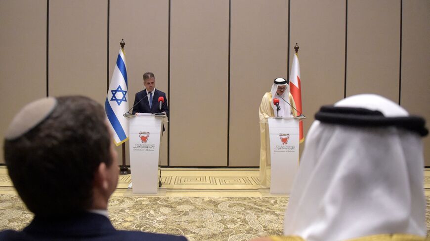 Israel's Foreign Minister Eli Cohen (L) attends a press conference with his counterpart from Bahrain Abdul Latif al-Zayani (R), during his visit to the capital Manama on September 4, 2023. (Photo by Mazen Mahdi / AFP) (Photo by MAZEN MAHDI/AFP via Getty Images)