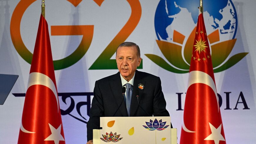 Turkey's President Recep Tayyip Erdogan speaks during a news conference after attending the G20 summit, in New Delhi on Sept. 10, 2023. 